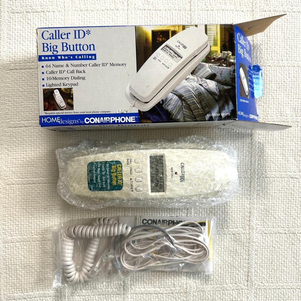 VTG 90s Conair Phone Big Button Caller ID‎ Corded Landline Phone CID100W White